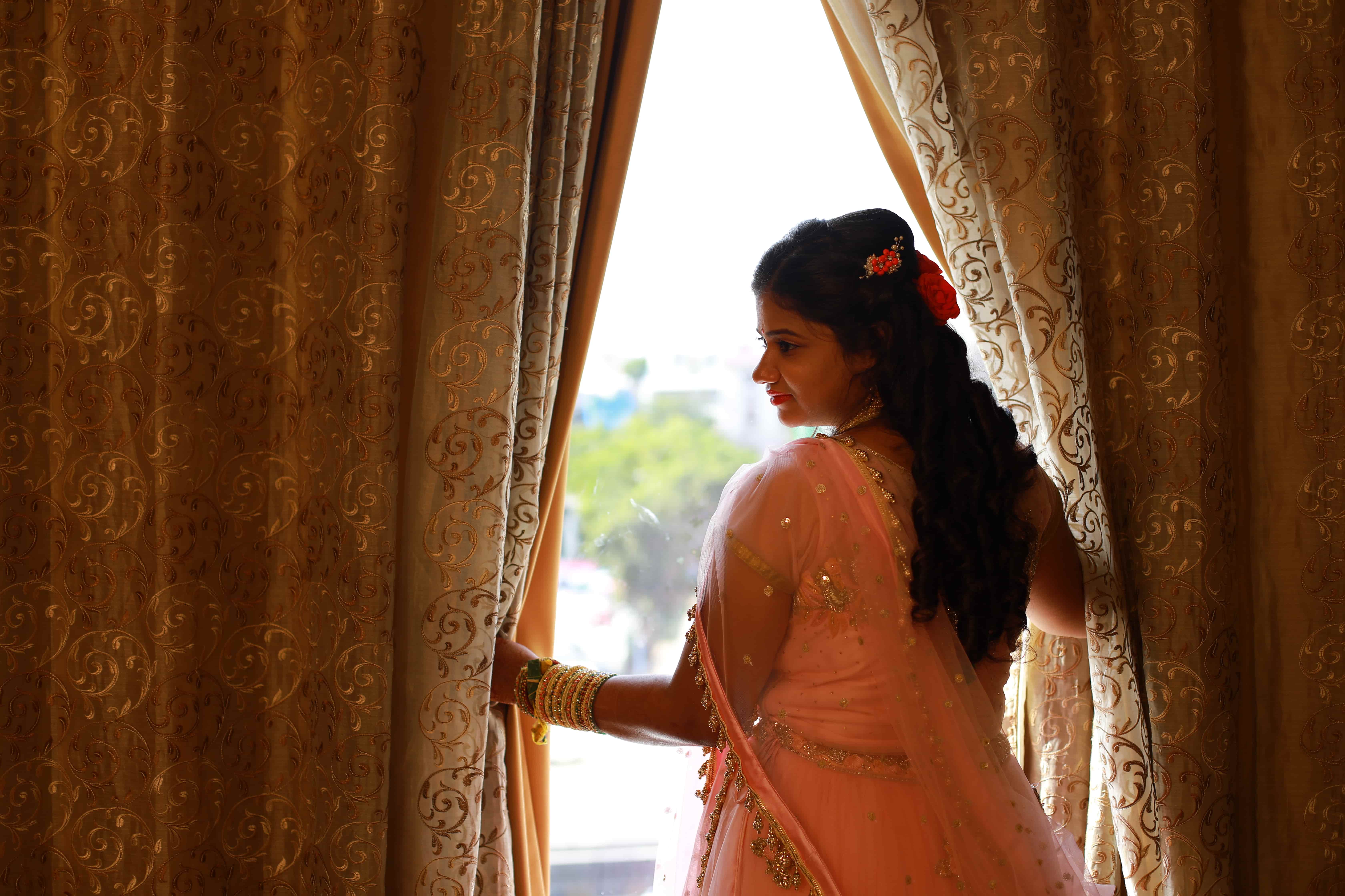 bridal window portrait Hyderabad natural light wedding photography