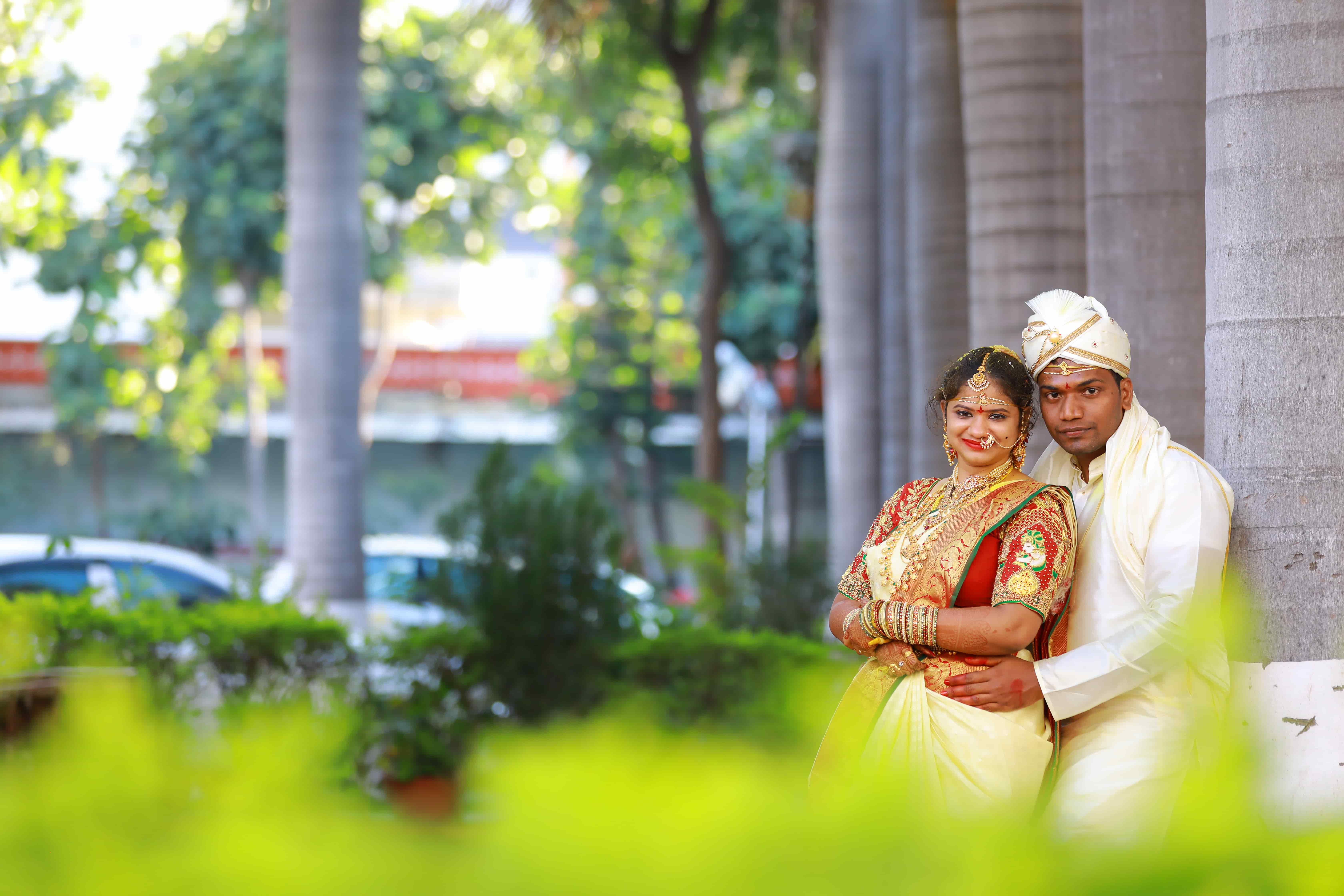 outdoor wedding couple traditional portrait Hyderabad bride groom natural light photography