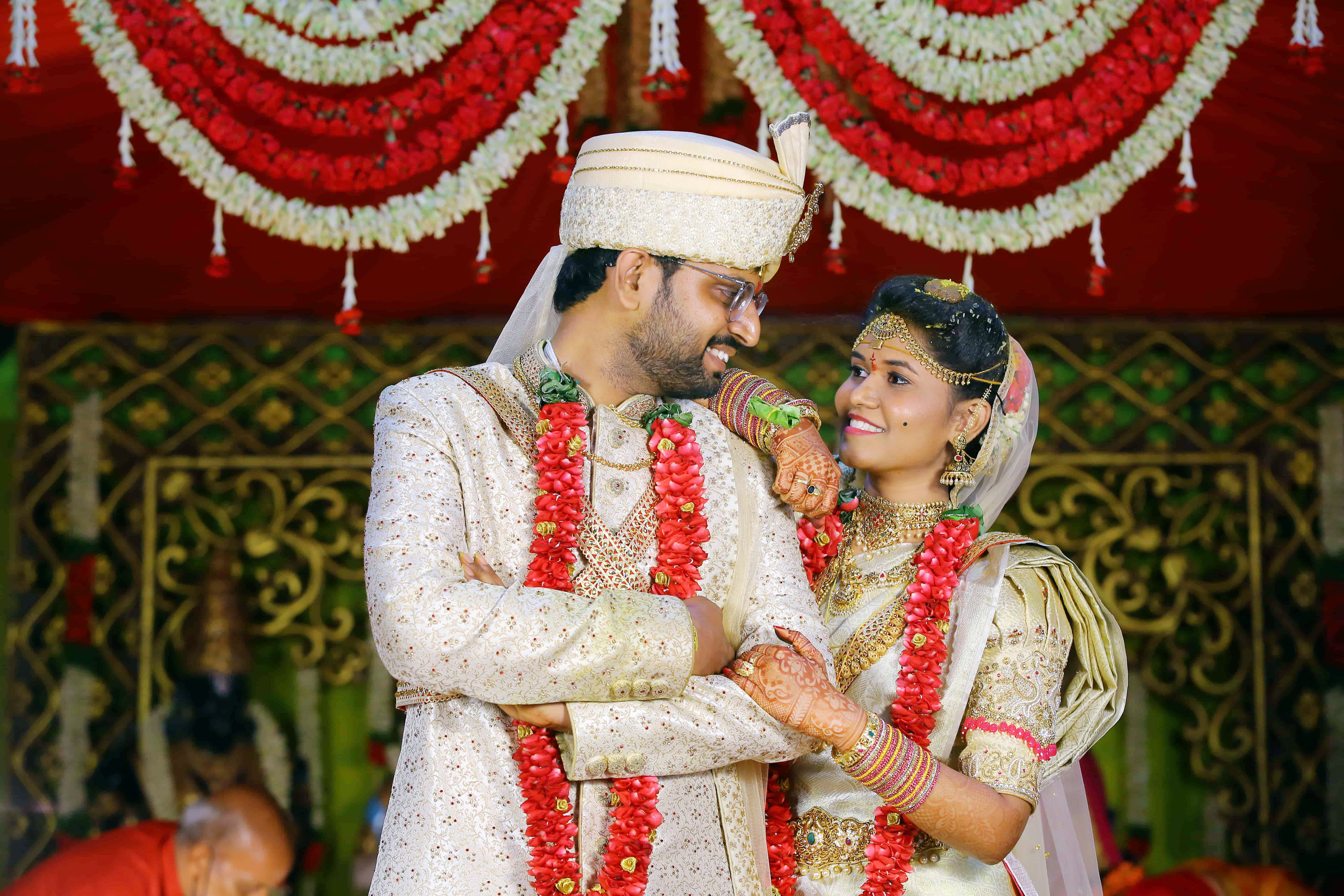 telugu wedding couple traditional ceremony bride groom garlands Hyderabad photography